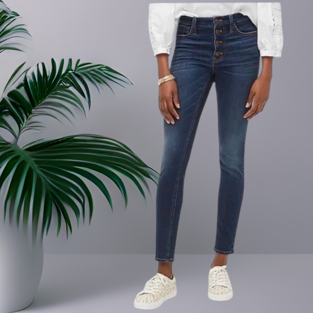 J Crew Factory High-Rise Button Fly Skinny Stretch Jeans in Dark Wash - Sz 28
